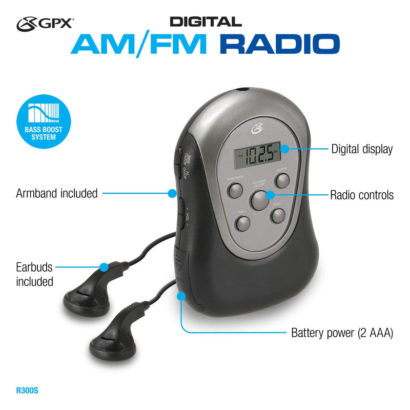 GPX R300S Am/FM Armband Radio with Earbuds,Black Standard Packaging