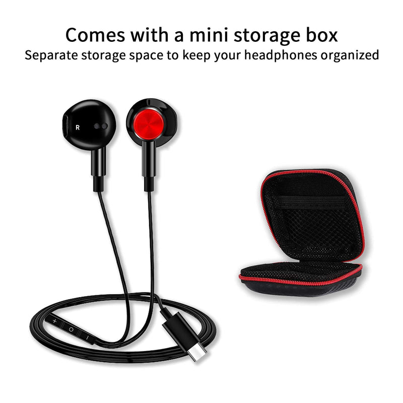USB C Headphone + Portable Storage Case, Jelanry Headphones Hi-Fi Stereo Sports Magnetic Earbuds Bass Wired Earphones with Mic Volume Control for Samsung Galaxy Z Fold 3/ Flip 3/ S21/ S20 FE Black