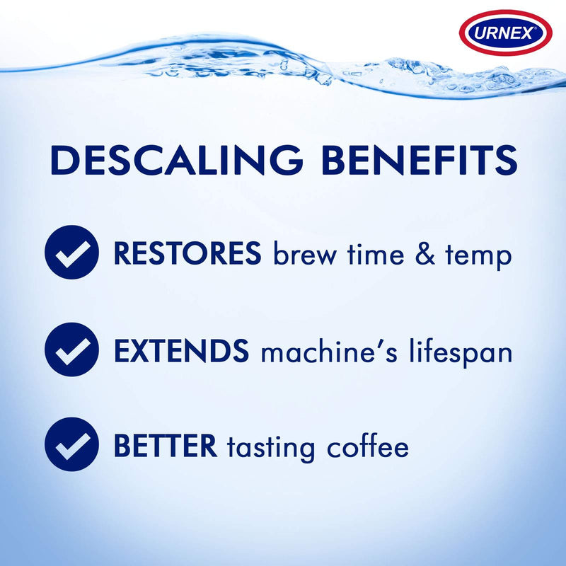 Urnex Dezcal Coffee and Espresso Descaler and Cleaner - 4 Uses - Activated Scale Remover Use with Home Coffee Brewers Espresso Machine Pod Machine Capsule Machine Kettles Garmet Steamers