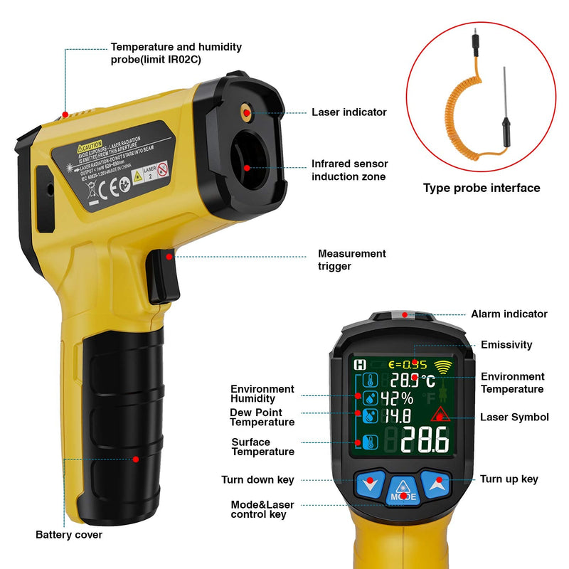 Infrared thermometer MESTEK temperature measuring device digital laser IR pyrometer K-probe -50°C ~ 800°C non-contact with color LCD alarm function adjustable emissivity for kitchen grill automotive