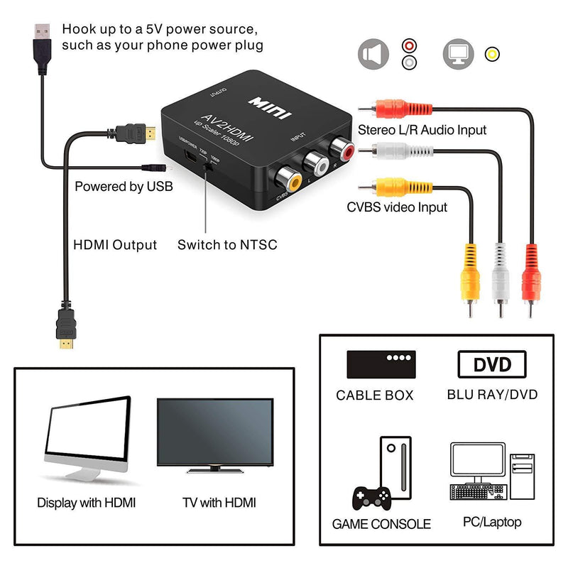 RCA to HDMI,AV to HDMI Converter,ABLEWE 1080P Mini RCA Composite CVBS Video Audio Converter Adapter Supporting PAL/NTSC for TV/PC/ PS3/ STB/Xbox VHS/VCR/Blue-Ray DVD Players Black