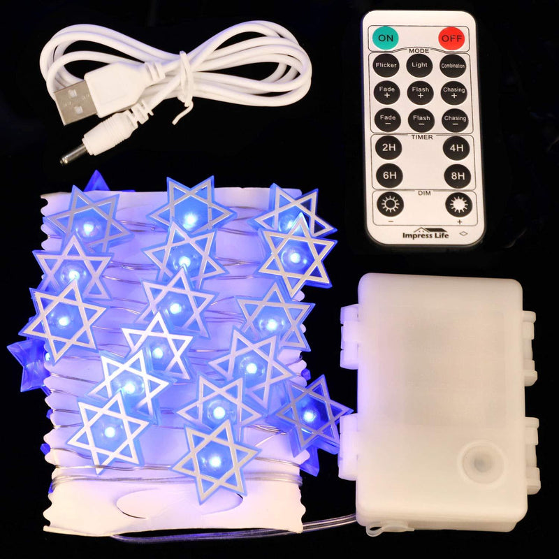 Star of David Fairy String Lights, 10 ft 30 LEDs, Battery USB Powered with Remote Control, Hexagram Magen Star for Jewish Judaism Hanukkah Chanukah Passover Shabbat Ornament Decor Star of David