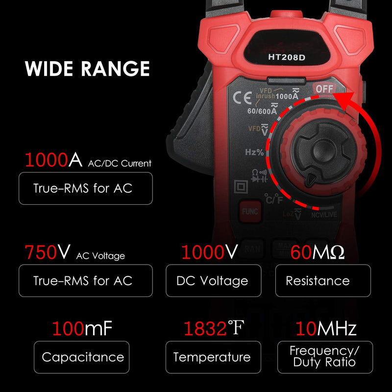 AC/DC Digital Clamp Meter 1000A True RMS Auto Range Professional Multimeter, 6000 Counts, Inrush, VFD, LOZ Mode Measures Current Voltage Temperature Capacitance Resistance Diodes Continuity Duty-Cycle AC/DC Current Meter