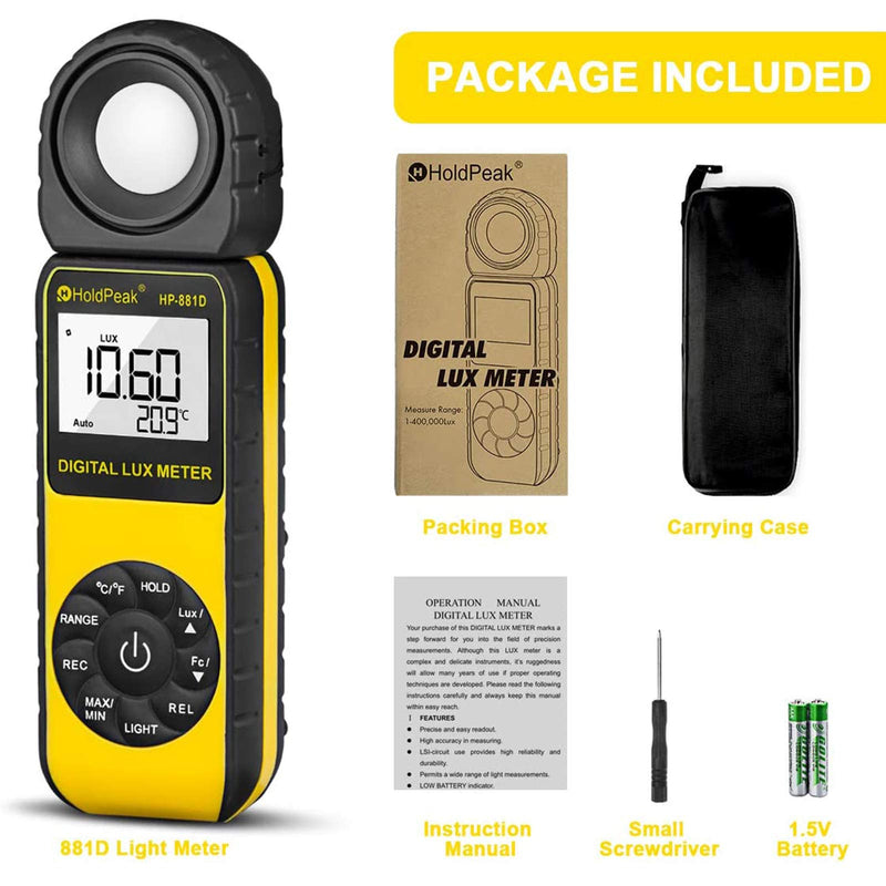 Light Meter HOLDPEAK HP-881D Digital Lux Meter 0.01-400,000 Lux /1-40,000 FC Measuring Ranges and 270° Rotatable Detector for LED Lights and Plants Lumen Meter Y-HP-881D(0.01-400,000 Lux /1-40,000 FC)