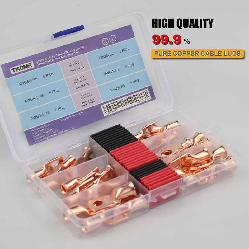 TKDMR 30pcs 2 4 6 AWG Copper Wire Lugs with 3:1 Heat Shrink Tubing,UL Heavy Duty Cable Lugs Battery Cable Ends Copper Eyelets Ring Terminal Connectors 2 4 6 Awg - Ring Kit 30