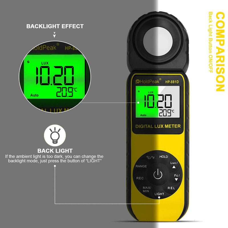 Light Meter HOLDPEAK HP-881D Digital Lux Meter 0.01-400,000 Lux /1-40,000 FC Measuring Ranges and 270° Rotatable Detector for LED Lights and Plants Lumen Meter Y-HP-881D(0.01-400,000 Lux /1-40,000 FC)