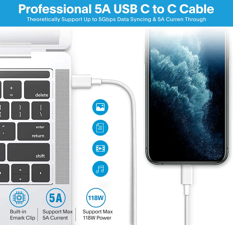 Mac Book Pro Charger - 118W USB C Fast Charger Power Adapter for USB C Port MacBook Pro/MacBook Air 16 15 14 13 Inch, New iPad Pro and All USB C Device, Include Charge Cable（7.2ft/2.2m），White