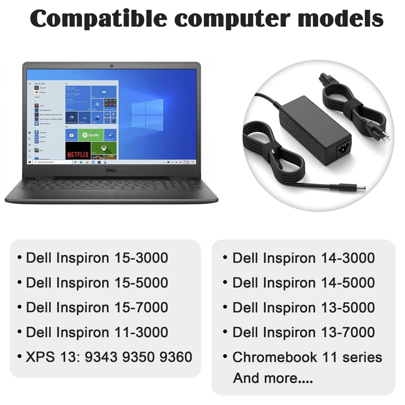 65W Dell Inspiron Charger,Replacement for All Round Connectors Dell Laptop Charger 65W/45W 15-3000 15-5000 15-7000 15-3552 Series 3583 3555 3558 3565 3567 5100 5535 5551 5552 5555（4.5mm&7.4mm） 45W charger