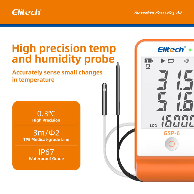 Elitech GSP-6 Temperature Data Logger Temperature Humidity Data Logger 16000 Points Recording Capacity Detector, Free Software Data Export