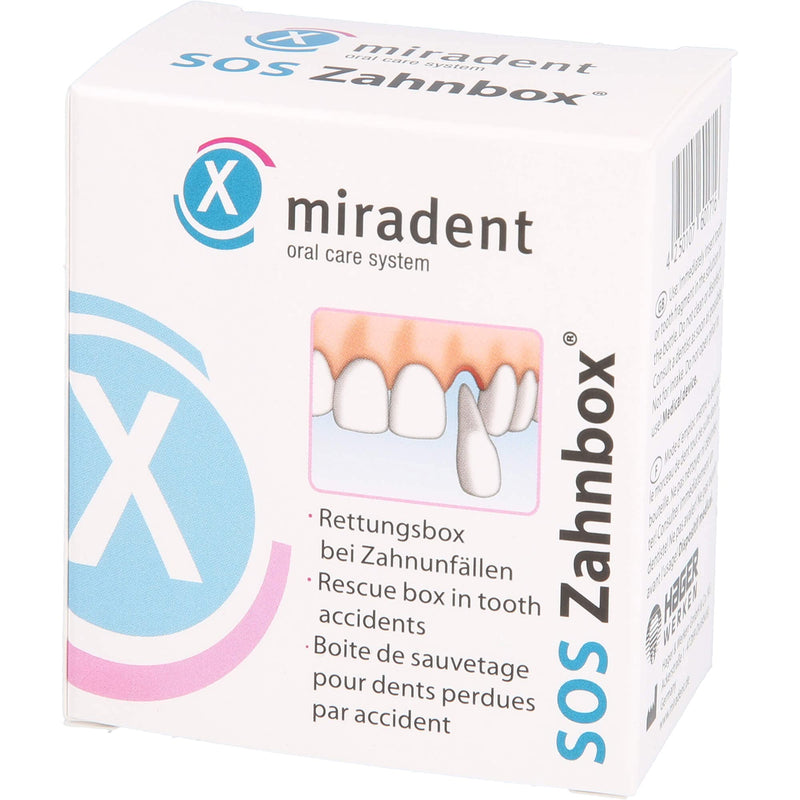 Miradent tooth rescue box SOS tooth box for knocked out teeth. Properly store front tooth trauma. Cell nutrient solution preserves cells for up to 48 hours for replantation and healing of the lost tooth