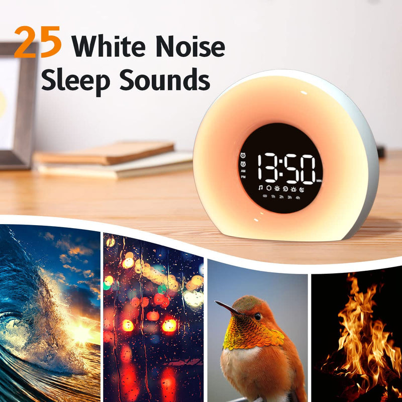 OrangeLight Wake Up Light Sunrise Alarm Clock with Sunrise Sunset Simulation 25 Nature Sounds 12 Colors Night Light Dual Alarms and Snooze Function Sleep Aid for Heavy Sleepers Kids Adults (White)