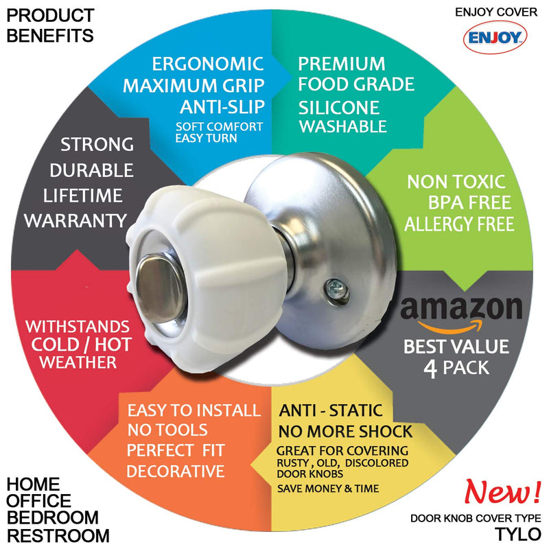 New Enjoy Cover - Door Knob Cover Grips Non Slip Arthritis & Senior Living Aids Grippy Easy Open Decorative. Simple Functional Effective Solution- 4 Pack (White, Tylo)
