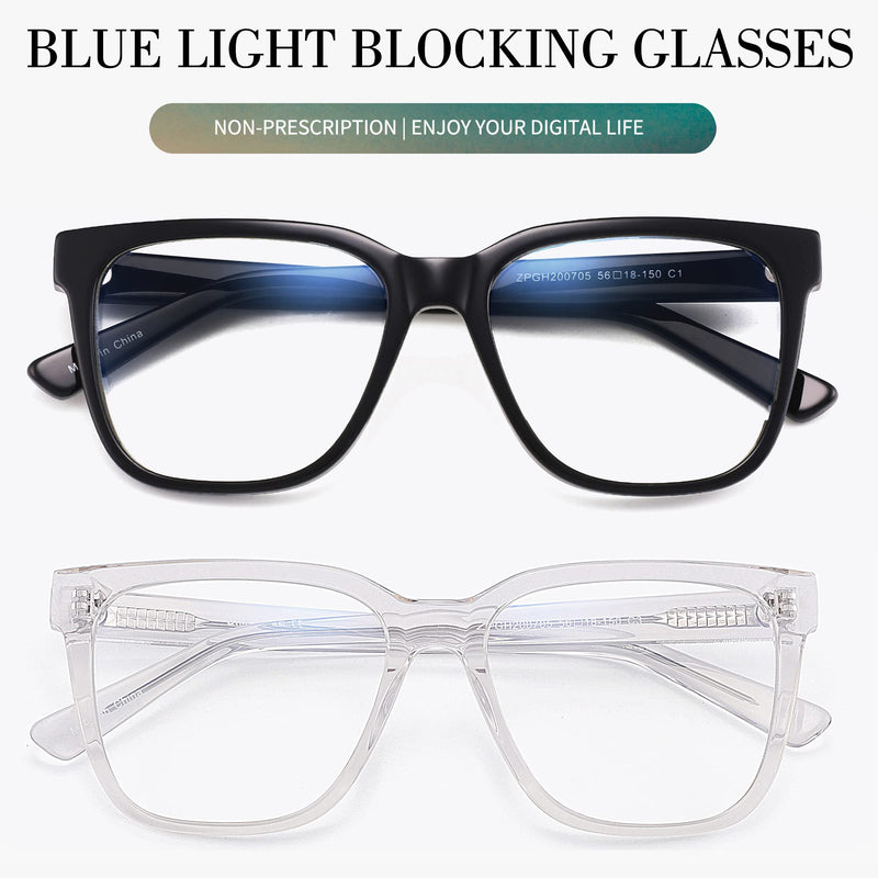 JIM HALO 2 Pack Anti Blue Light Glasses for Women Men, Oversized Square Computer/Gaming/TV/Phones Glasses Bluelight Blocking Black + Transparent