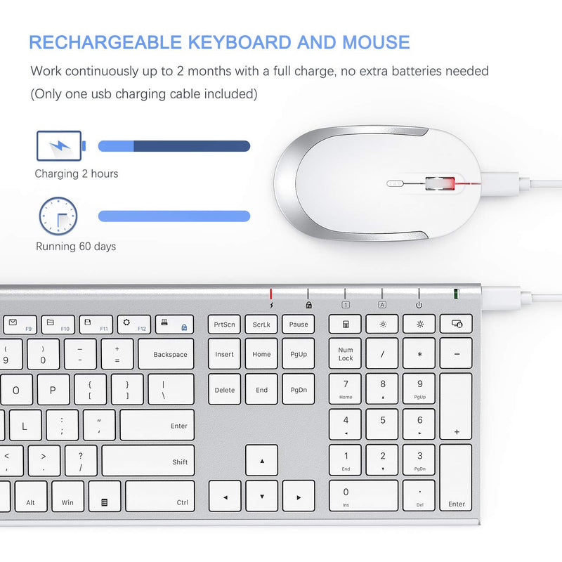 Wireless Keyboard and Mouse, Vssoplor 2.4GHz Rechargeable Compact Quiet Full-Size Keyboard and Mouse Combo with Nano USB Receiver for Windows, Laptop, PC, Notebook-White and Silver White and Silver