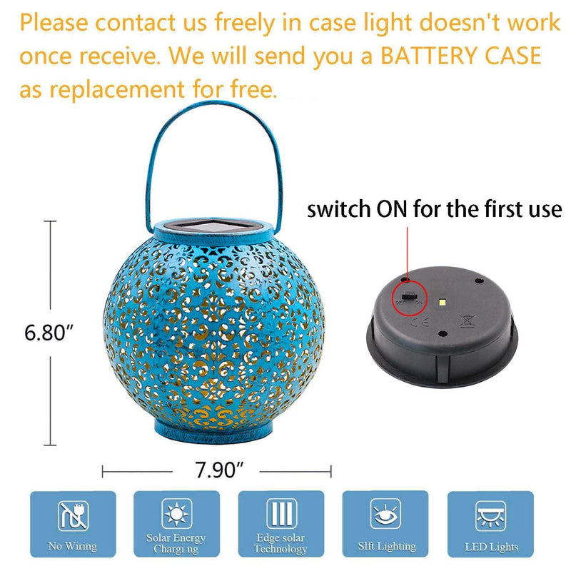 Solar Big Lantern Hanging Garden Outdoor Lights Metal Waterproof LED Table Lamp Decorative Blue