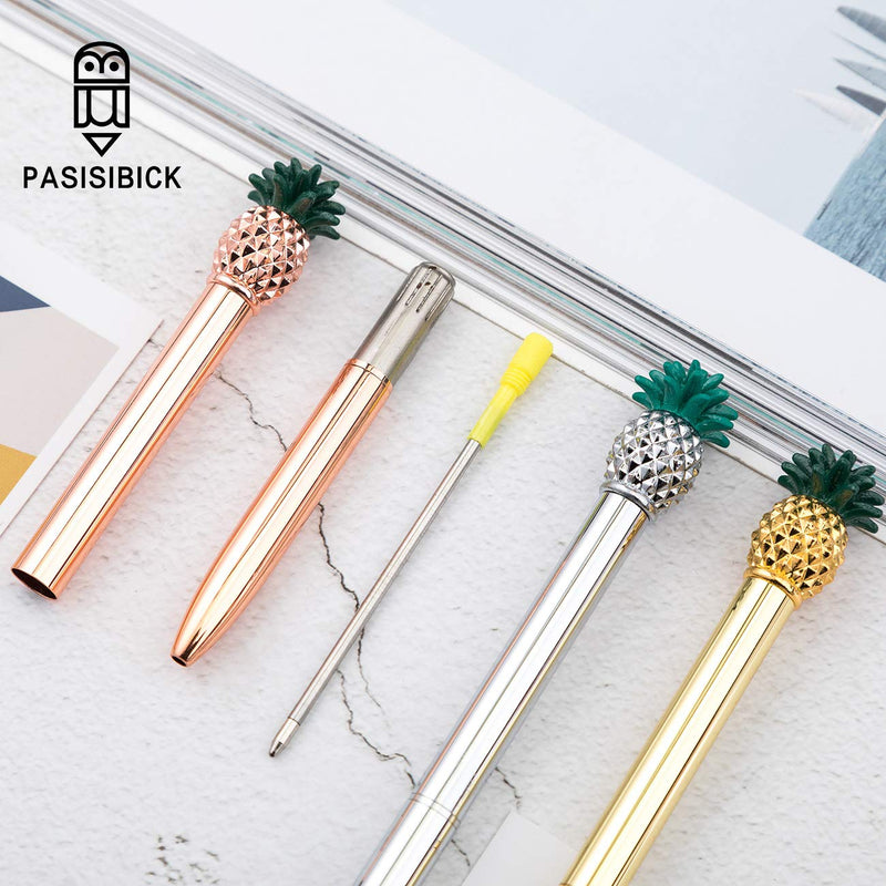 PASISIBICK Pineapple Pens,Bling Metal Ballpoint Pens with Green Leaf and Black Ink Refills（4PCS） 4 Green Leaf Pineapple Pens