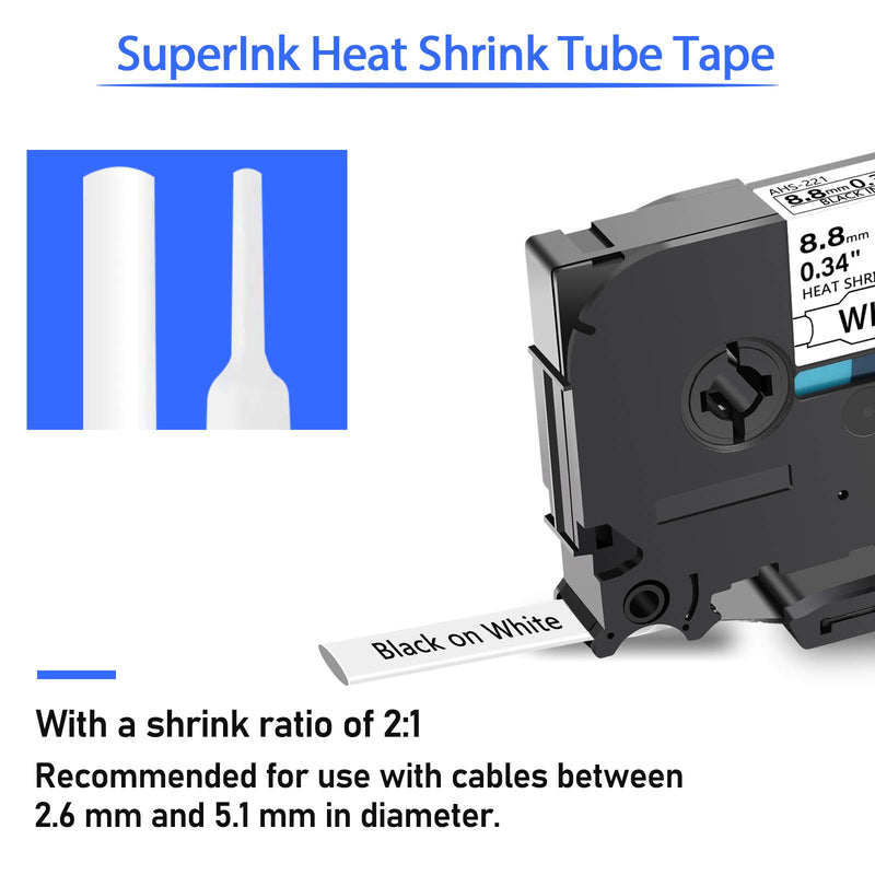 SuperInk 5 Pack Compatible for Brother HSe-221 HSe221 HS-221 HS221 Black on White Heat Shrink Tube Label Tape use in PT-D210 PT-D400 PT-E300 PT-E500 PT-P750WVP Printer (0.34''x 4.92ft, 8.8mm x 1.5m)