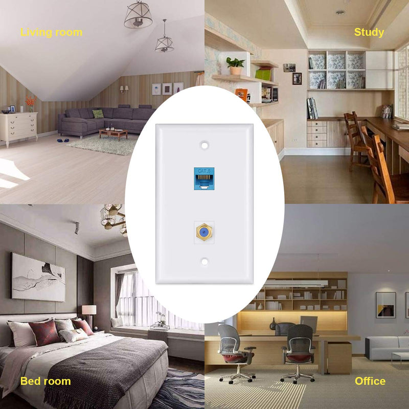 Ethernet Wall Plate,Cat6 Gold-Plated Cable TV Coax F Type Port Wallplate White (5Pack)