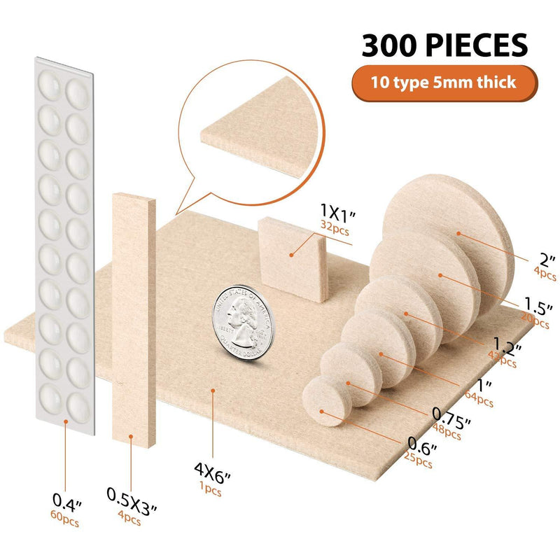 Furniture Pads 300 Pack Premium Furniture Felt Pads (Beige), Huge Quantity Self Adhesive Felt Pads, Anti Scratch Floor Protector for Furniture Legs Hardwood Floor with 60 Cabinet Door Bumpers Beige