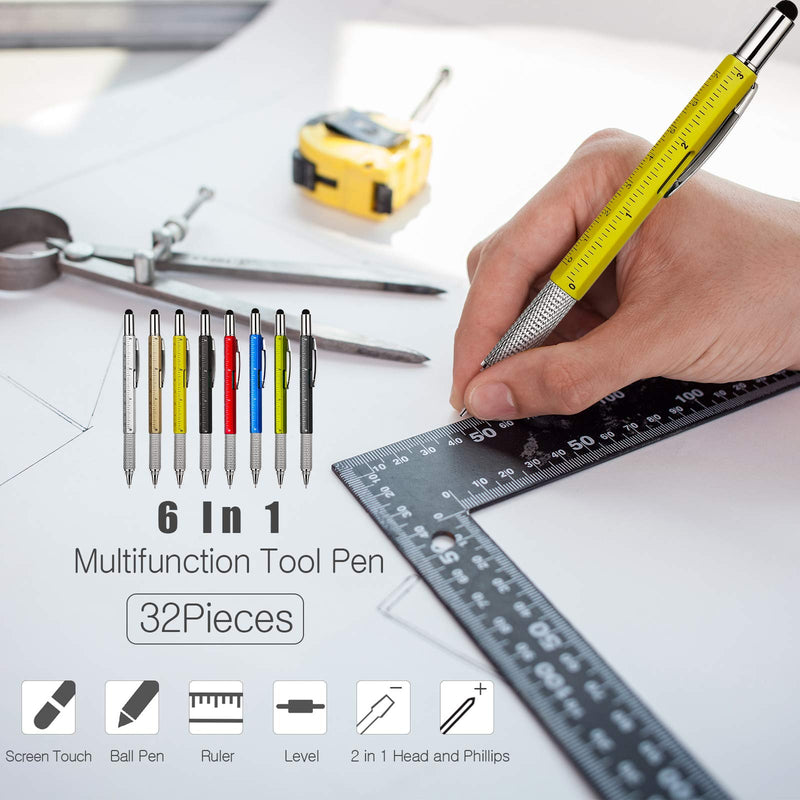 32 Pieces Pen for Men with 40 Pen Refills, 6 in 1 Multi Tech Tool Pen Gadget Screwdriver Pen with Ruler, Levelgauge, Ballpoint Pen for Men (Gold, Black, Silver, Yellow, Red, Green, Blue, Gray) Gold, Black, Silver, Yellow, Red, Green, Blue, Gray