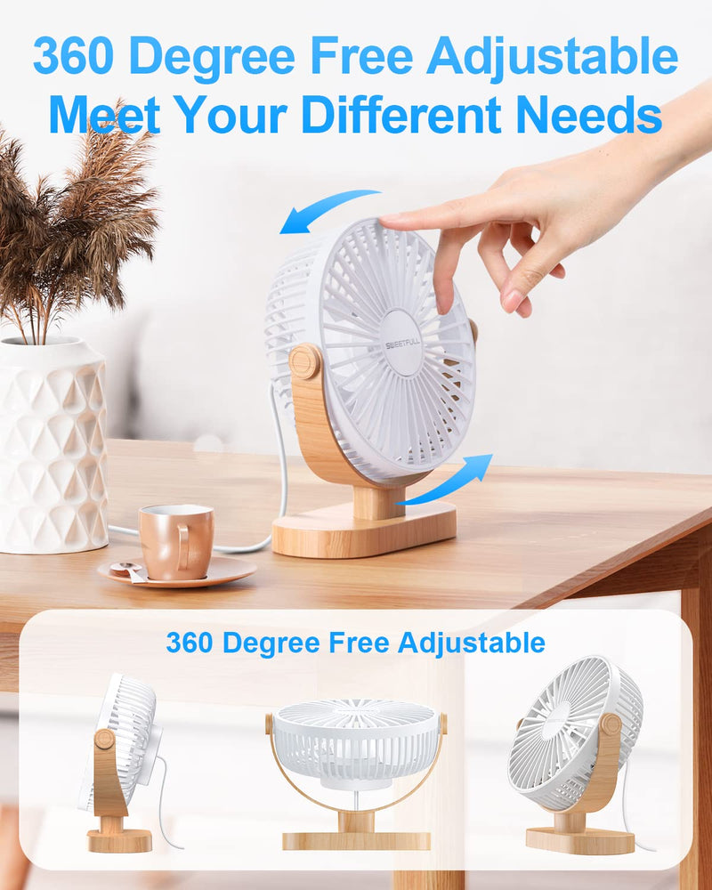 SWEETFULL 6.4 Inch USB Small Desk Fan, 3 Speeds Quiet Portable Desktop Table Fan, 360Â° Adjustment Personal Mini Fan for Home Office Car Outdoor Travel (White wood grain )