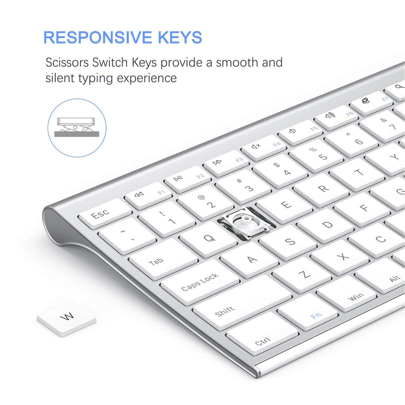 Wireless Keyboard and Mouse, Vssoplor 2.4GHz Rechargeable Compact Quiet Full-Size Keyboard and Mouse Combo with Nano USB Receiver for Windows, Laptop, PC, Notebook-White and Silver White and Silver