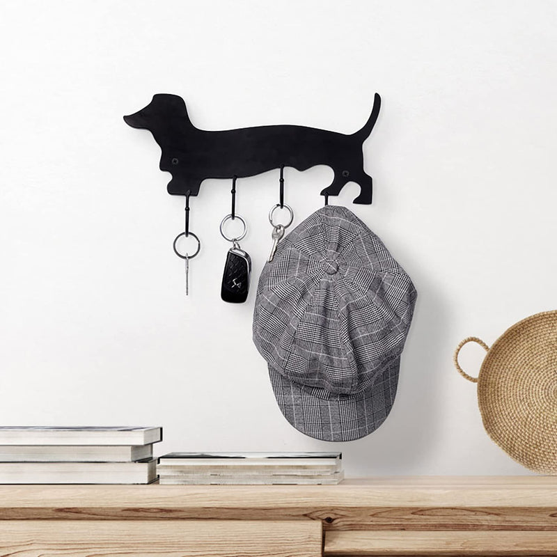 MyGift Decorative Dachshund Dog Design Black Metal Wall Mounted 4 Hook Organizer Rack