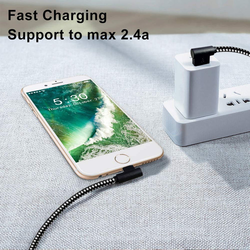 Made for The Game Connecting Cable, [3-Pack] 6ft 90 Degree Durable and Fast Charging Cable Compatible with iPhone Xs Max/XS/XR/7/7Plus/X/8/8Plus/6S/6S Plus/SE (6ft, Black White)