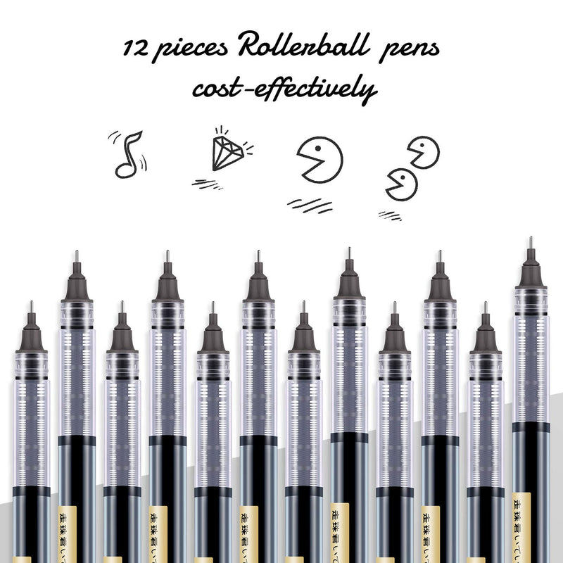 12 Pieces Rolling Ball Pens, Quick-Drying Ink 0.5 mm Extra Fine Point Pens Liquid Ink Pen Rollerball Pens (Black Ink)