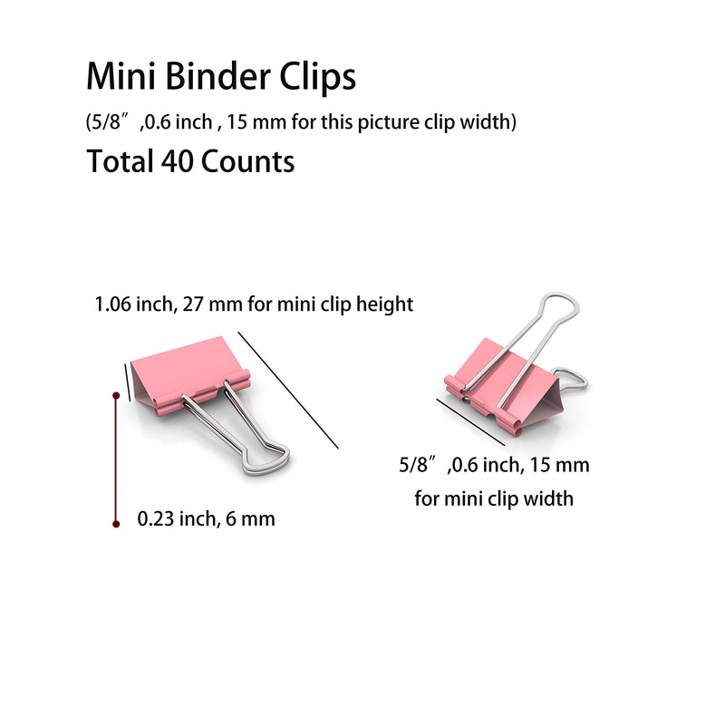 Nctinystore Colored Binder Clips Mini Metal Clamp 5/8-IN / 0.6-inch / 15-mm (Pink, 40-Count) Pink Mini 40-pcs