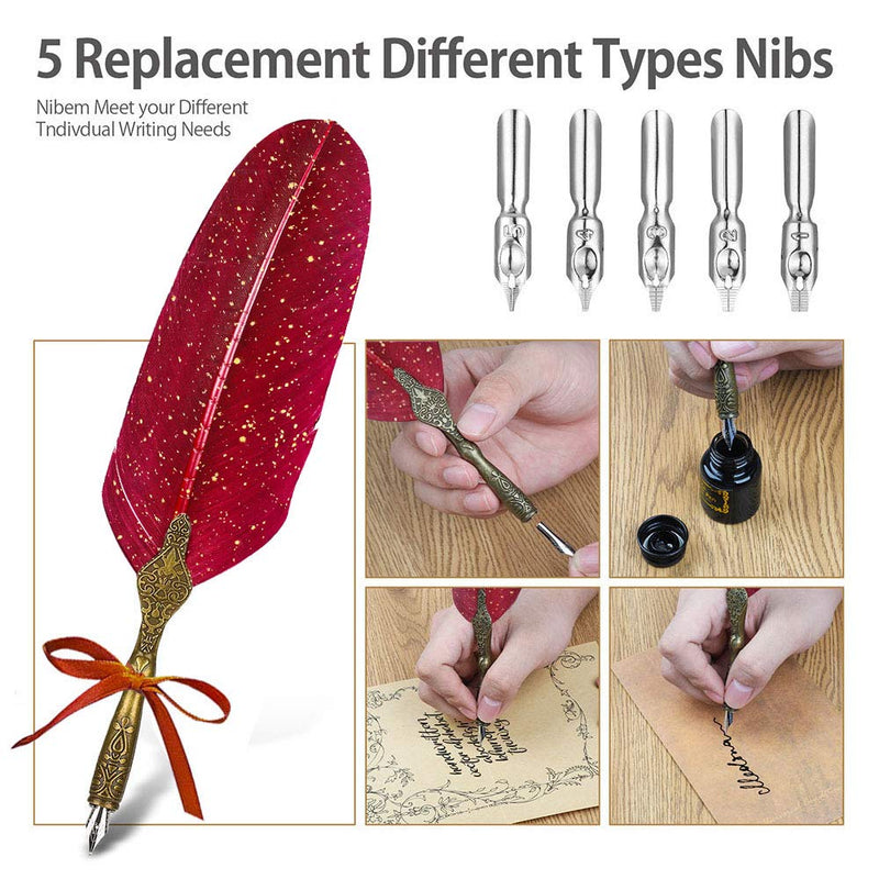 NC Upgraded Wax Seal Stamp Kit,Quill Pen Ink Set Includes Feather Dip Pen,Ink,5 Replacement Nibs,3 Wax Seal Sticks,Pen Nib Base,Seal Stamp, White Wax,Spoon,Envelope Letter Paper, Envelope Tool（Red） red