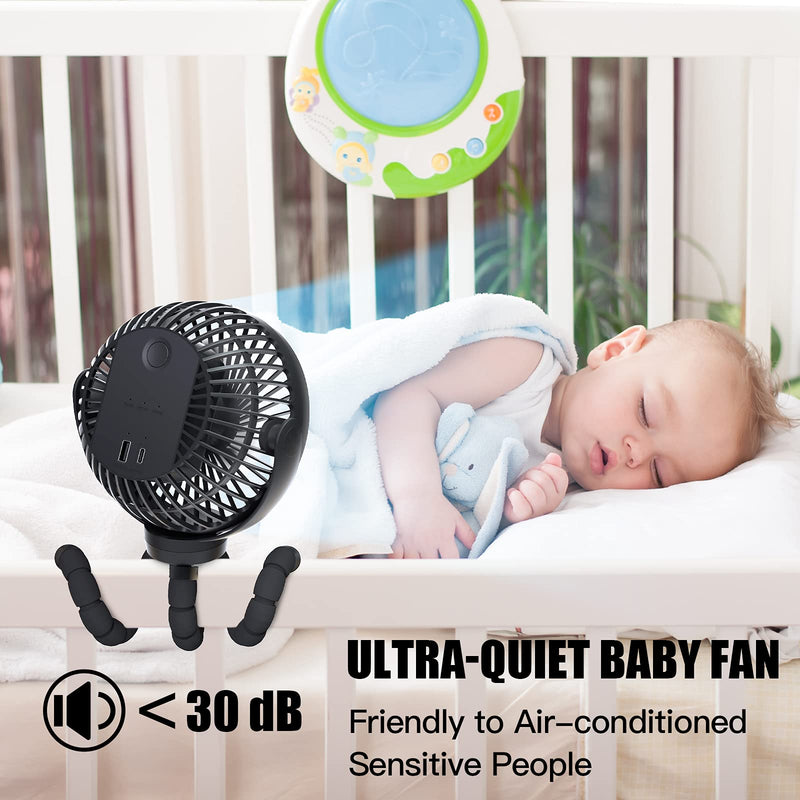 Portable Stroller Fan, Use As Power Bank, 55H 12000mAh Battery Operated Fan Flexible Tripod Baby Car Seat Fan, Personal Mini Handheld/Desk/Small Clip On Fans For Stroller, Carseat, Beach, Bed, Camping Black