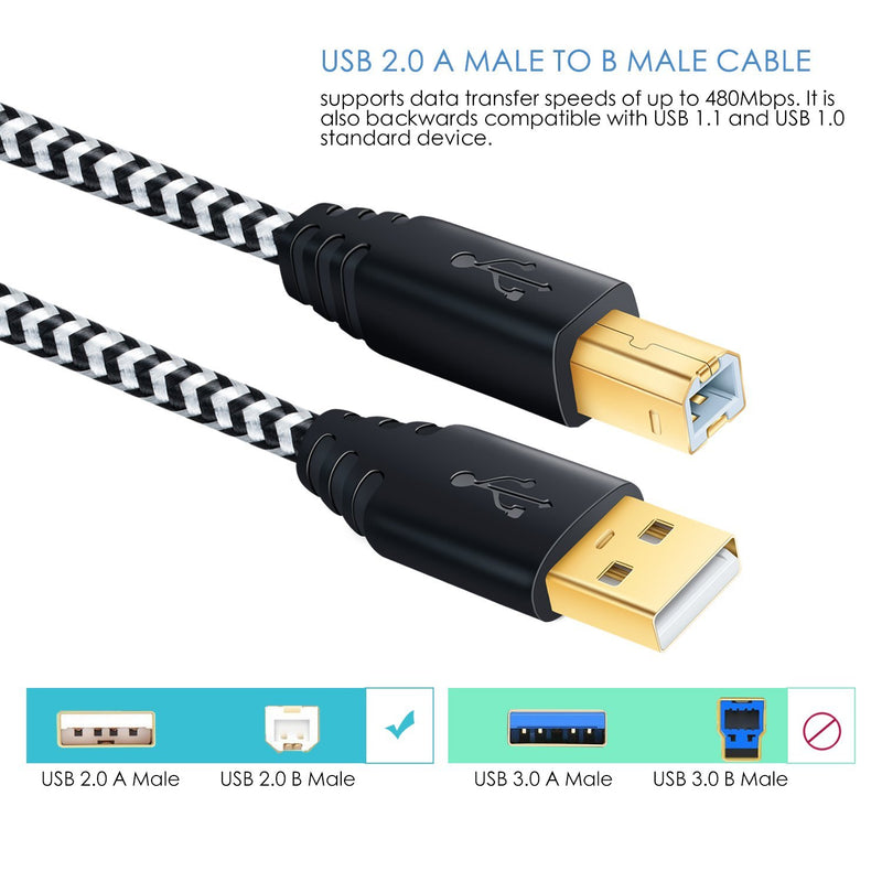[10ft] USB Printer Cable, OKRAY 2 Pack USB A Male to B Male Cable - USB 2.0 Printer Cable Braided Printer Cord (White White) White White