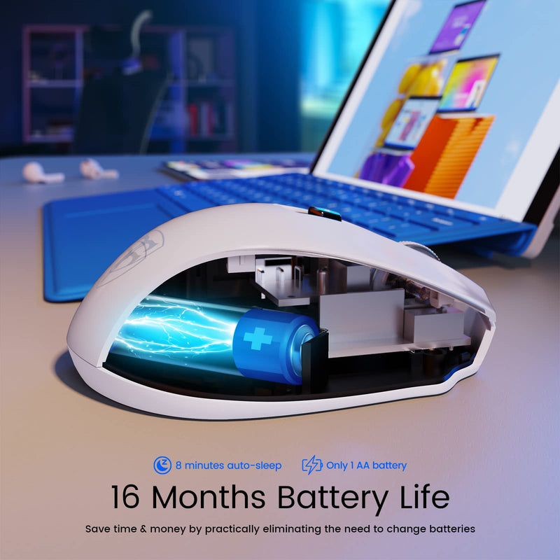 HOTWEEMS D-09 Wireless Mouse for Laptop - Ergonomic Plus Computer USB Cordless Mice, Ergo Grips, Lightspeed 5-Level 2400 DPI, 16 Months Battery, Portable for PC Mac Chromebook, 6 Button, Snow White