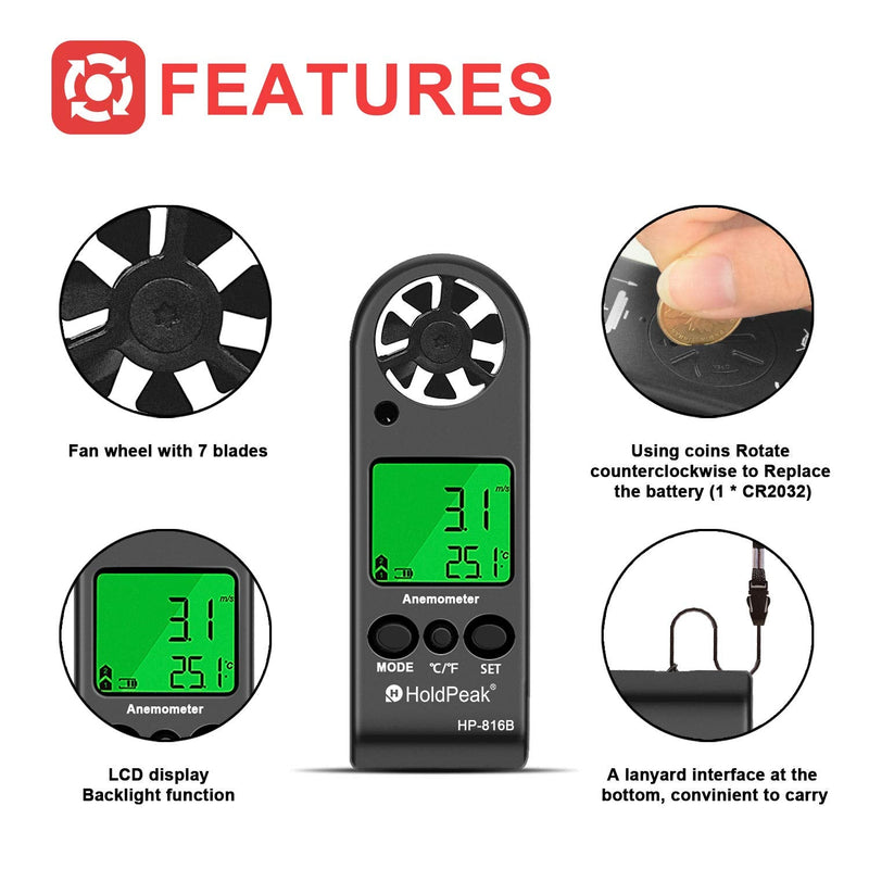 HOLDPEAK HP-816B Anemometer Handheld Wind Speed Meter Gauge Air Flow Velocity Measurement with Wind Chill Indication and Backlight for Windsurfing Kite Flying Shooting (Gift : Compass) 2-HP-816B w/ Leather case