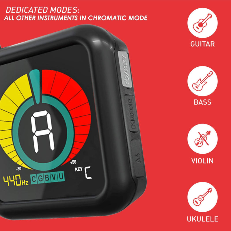 KLIQ UberTuner - Professional Clip-On Tuner for All Instruments (multi-key modes) - with Guitar, Ukulele, Violin, Bass & Chromatic Tuning Modes (also for Mandolin and Banjo)