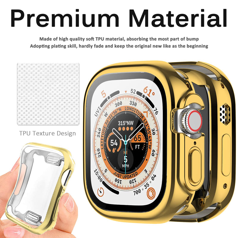 Miimall Compatible Apple Watch 49mm Case Ultra with Screen Protector, Over-All Protective Flexible TPU Shell, Shockproof Touch Sensitive HD Clear Slim 49mm Case for Apple Watch Ultra(Gold) Gold