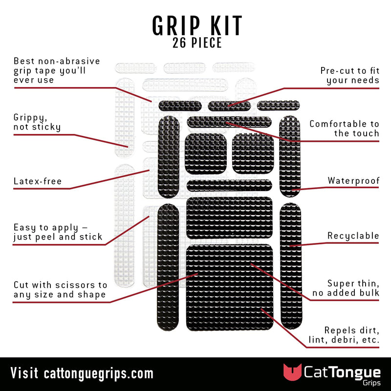 Non-Abrasive Grip Kit by CatTongue Grips, 26 pcs – Waterproof Non-Slip Grip Tape Kit for Indoor & Outdoor Use - Thousands of Grippy Uses: Furniture, Bathtubs, Frames, Controllers and More! (Clear) Clear