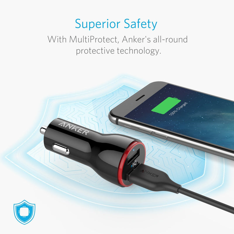 Anker Car Charger, Mini 24W 4.8A Metal Dual USB Car Charger, PowerDrive 2 Alloy Flush Fit Car Adapter with Blue LED, for iPhone XR/Xs/Max/X/8/7/Plus, iPad Pro/Air 2/Mini, Galaxy, LG, HTC and More Black