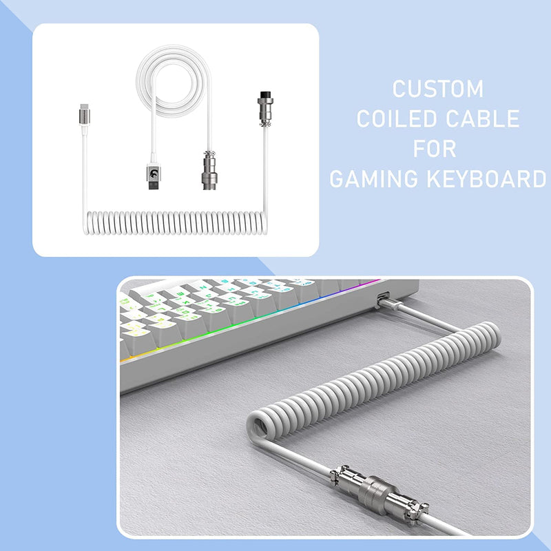 Coiled Keyboard Cable for Gaming Custom Keyboard,Double-Sleeved Coiled USB C Cable with Detachable Metal Aviator,2 in 1 USB C to A and C Cable for Mechanical Keybaord,Printer,Phone,Ipad,Xbox-White White