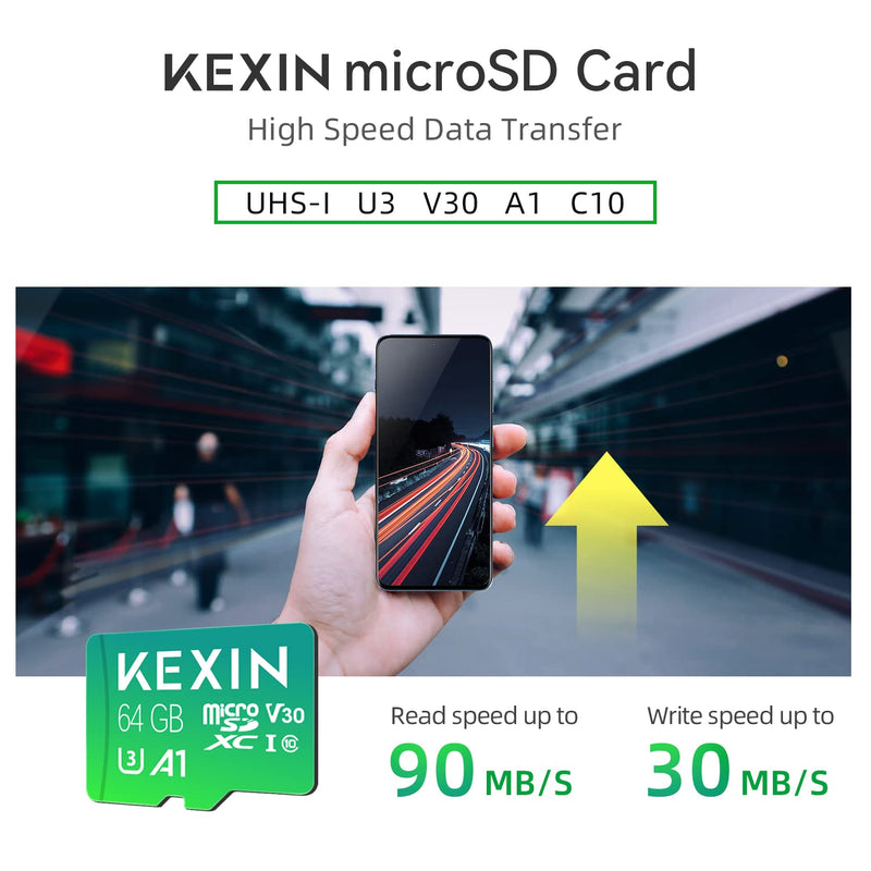 KEXIN Micro SD Card 64GB 5 Pack microSDXC Memory Card Class 10 Micro SD Card High Speed Up to 90MB/s, C10, U3, V30, A1 5 x 64G