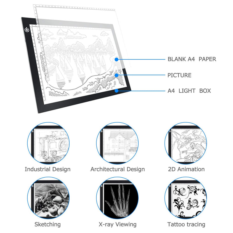 Black A4 Dimmable LED Artcraft Light Box Tracer Slim Light Pad Portable Tablet, USB Power Cable Copy Drawing Board Tracing Table for Artists Designing, Animation, Sketching, Stenciling X-ray Viewing Black