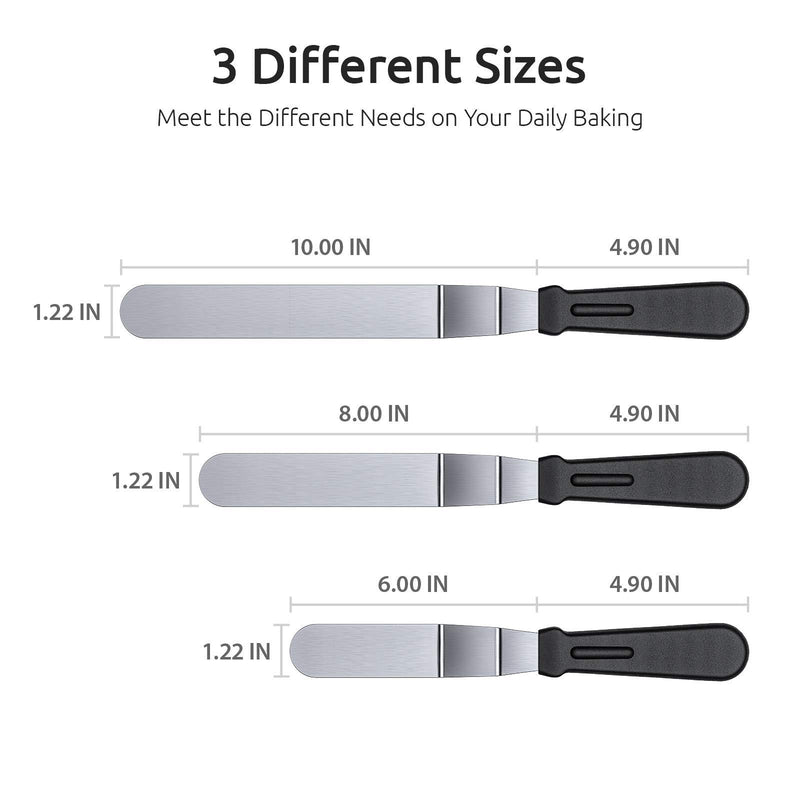 Icing Spatula, U-Taste Offset Spatula Set with 6", 8", 10" Blade, 18/0 Stainless Steel with PP Plastic Handle Angled Cake Decorating Frosting Spatula Set of 3 (Black) Black