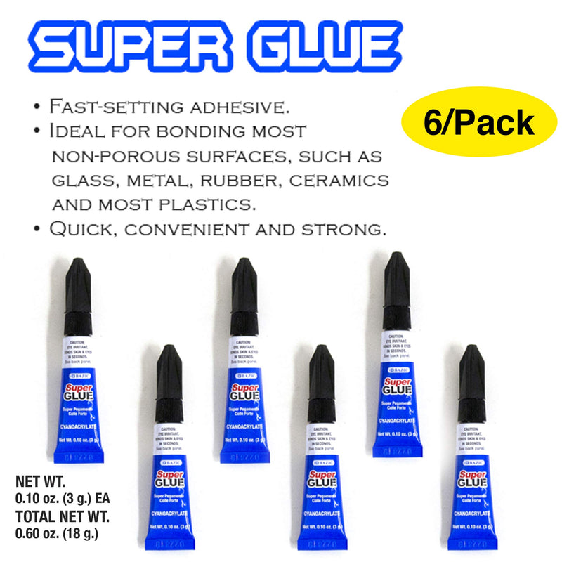 BAZIC Super Glue 3g/0.10 Oz, Small Tube Clear Adhesive Fluid Liquid Bonding for Office & Home Improvement (6/Pack), 1-Pack