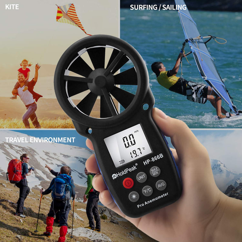 HoldPeak 866B Digital Anemometer Handheld Wind Speed Meter for Measuring Wind Speed, Temperature and Wind Chill with Backlight and Max/Min 1Pcs 866B Anemometer