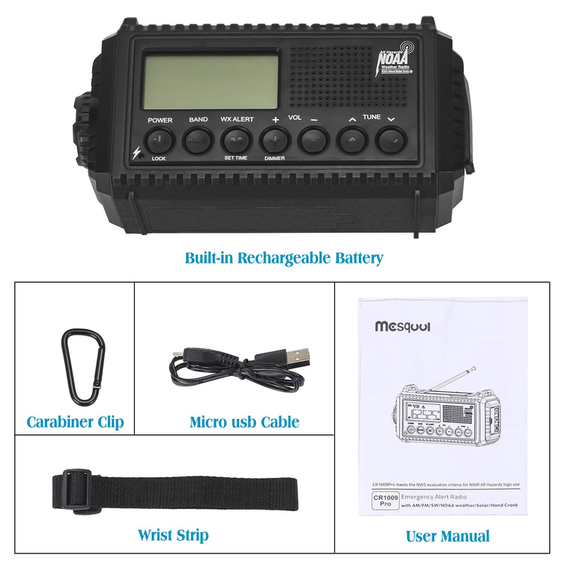 Auto NOAA Digital 5000 Weather Radio with Backlit LCD Screen, 5 Way Powered Solar Hand Crank Portable AM/FM/Shortwave Emergency Radio/Phone Charger,Read Lamp/Camping Flashlight,Earbud Jack,Clock,SOS Black(5000,Auto Alert,LCD Display)