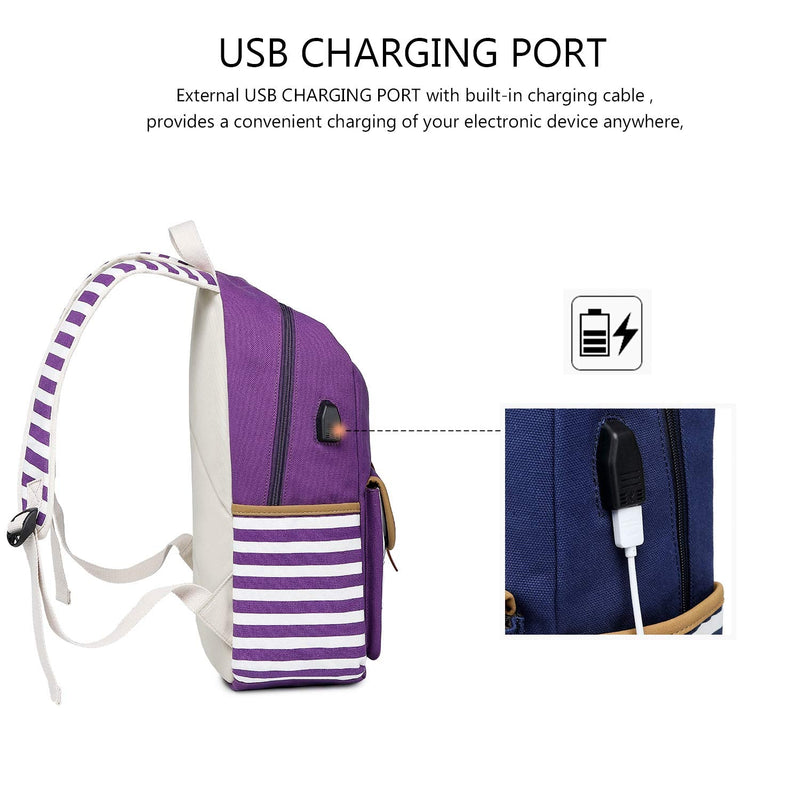 Goldwheat Girls Backpack Canvas Schoolbag Bookbag Laptop Bag Rucksack with USB Charging Port Purple