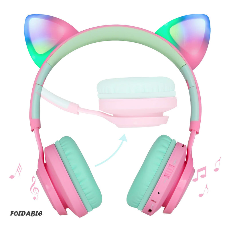 Riwbox Bluetooth Headphones, Riwbox CT-7 Cat Ear LED Light Up Wireless Foldable Headphones Over Ear with Microphone and Volume Control for iPhone/iPad/Smartphones/Laptop/PC/TV (Pink&Green) Pink&Green