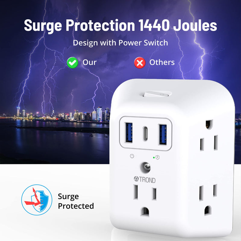 USB Wall Charger, Surge Protector, TROND 5 Outlet Extender with 3 USB Charging Ports (1 USB C) 3 Sided 1440J Multi Plug Outlets, Wall Mount Power Strip for Home Travel Office（ON/Off Switch） 5 outlets