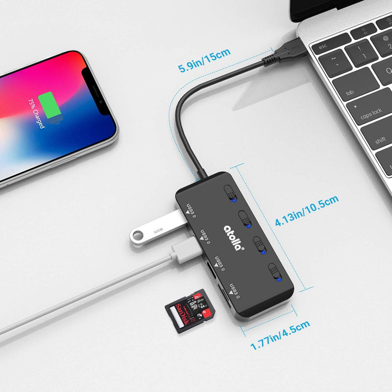 USB 3.0 HUB, atolla USB Hub with SD/Micro SD Card Reader, USB Splitter with 3 USB Ports, 2 Card Slots and Individual LED Power Switches Black